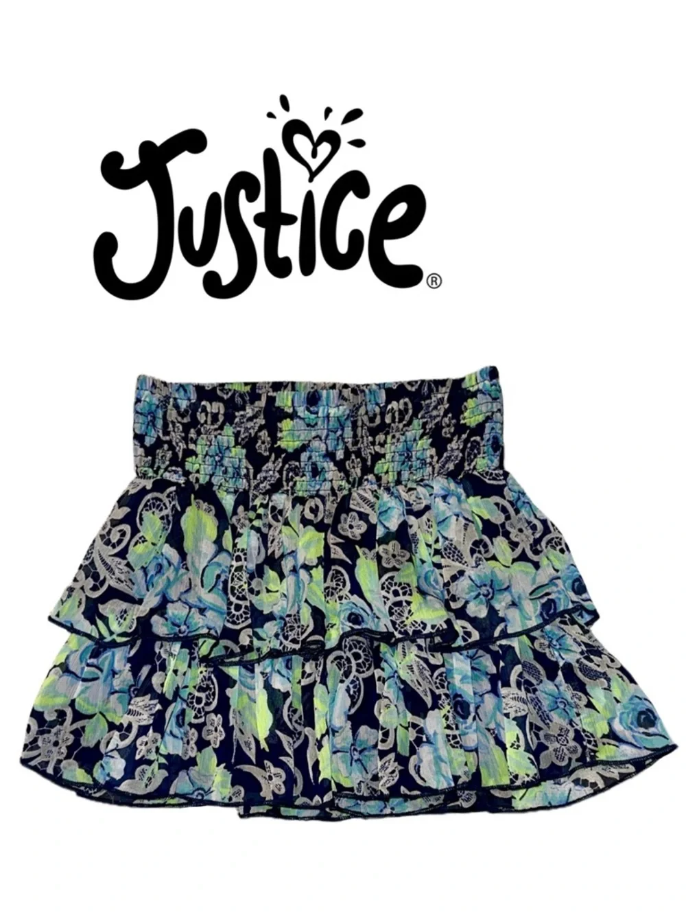 JUSTICE Floral Tiered Skirt Built-in Shorts Blue Green Sheer Fairycore Girl 12